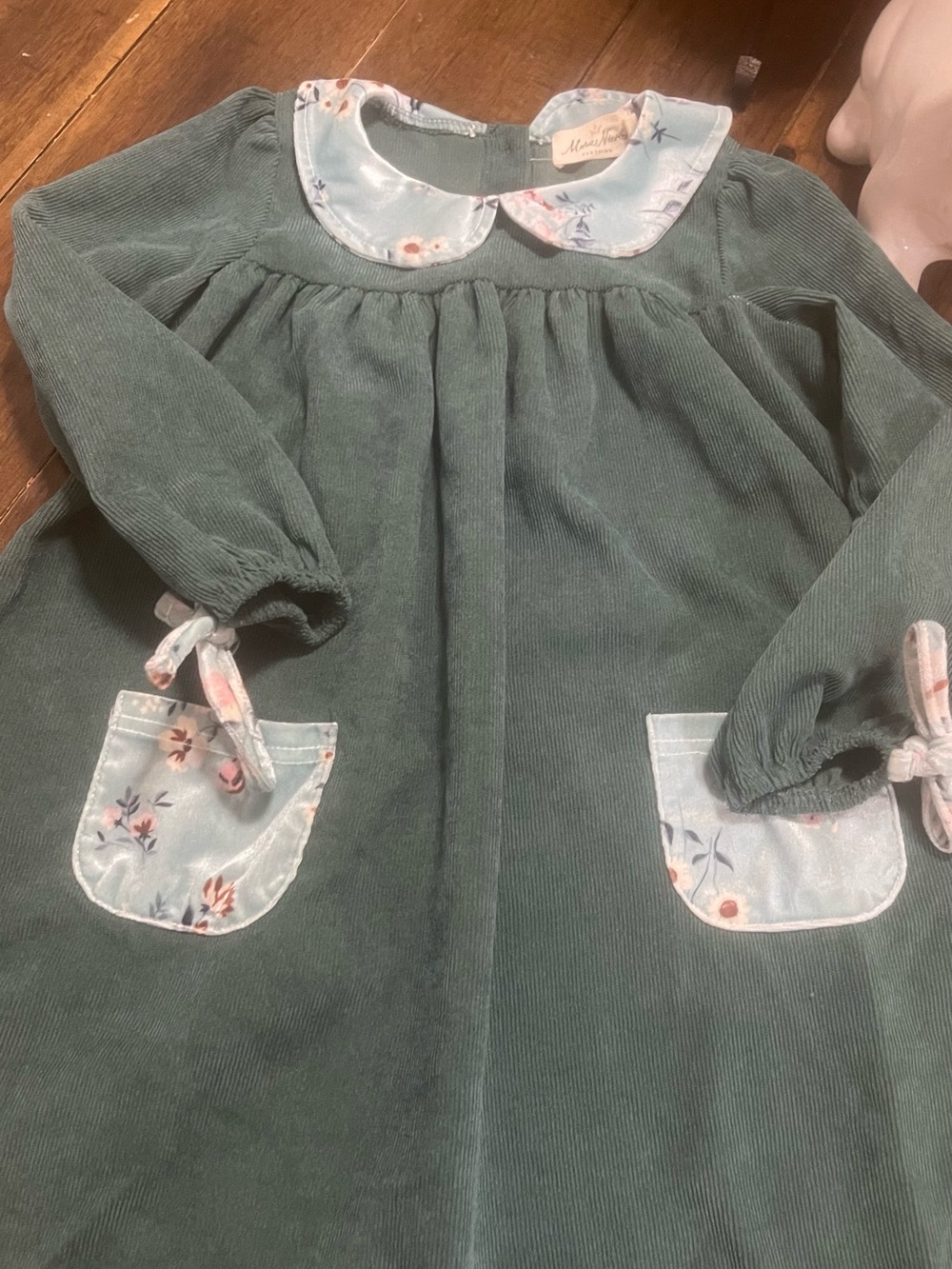 Corduroy Nightgown with Floral Trim in Soft Green